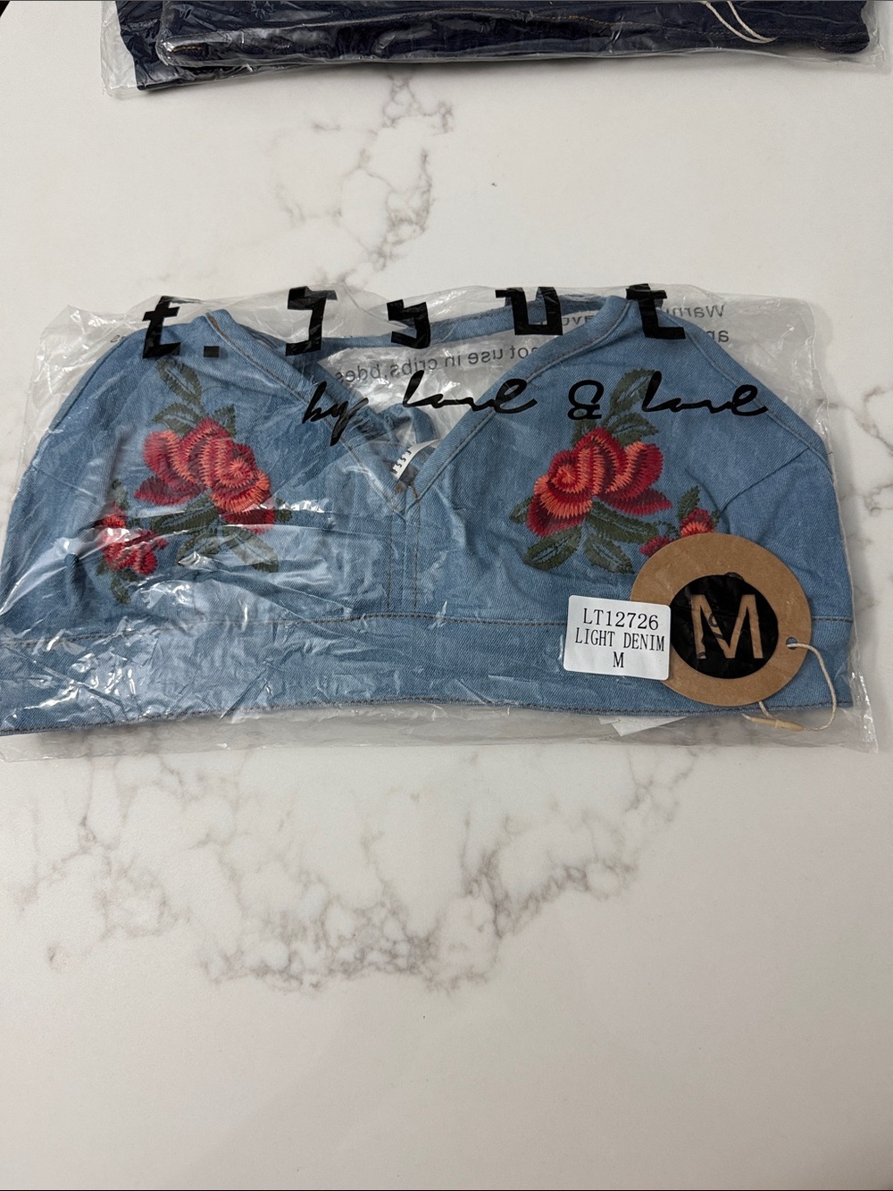 essue Light Blue Denim Bralette with Red Rose Embroidery